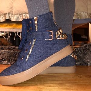 Denim blue gold chain Ankle Booties